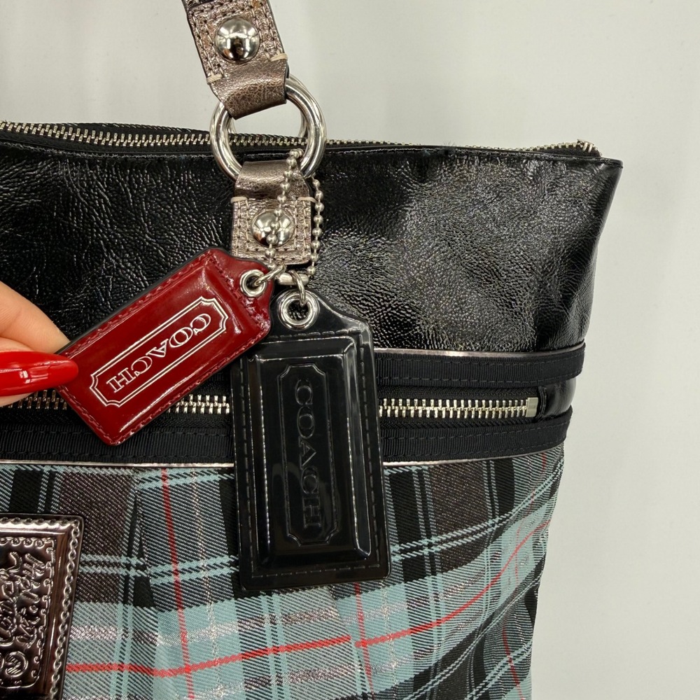 Coach Poppy Tartan Plaid Glam Tote Bag Metallic Patent Leather Limited Edition - Picture 12 of 16